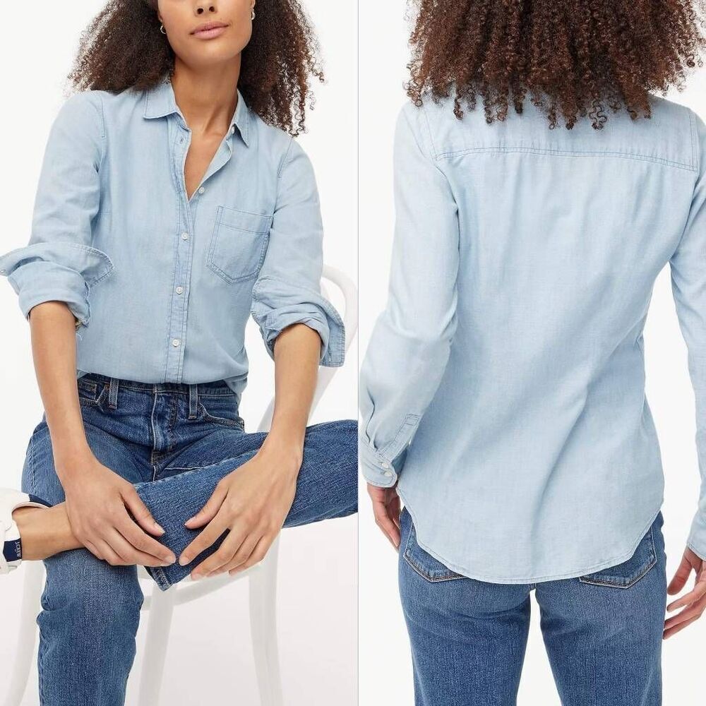 J. Crew Blouse Womens Size 0 Blue Denim Collared Long Sleeve Button Up Shirt Cas